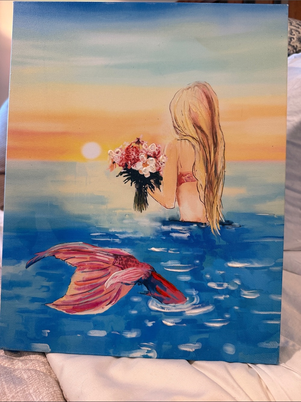 Sunset Mermaid Canvas Art Print - Pink & Blue 13 3/4 tall x 10 3/4 inches wide